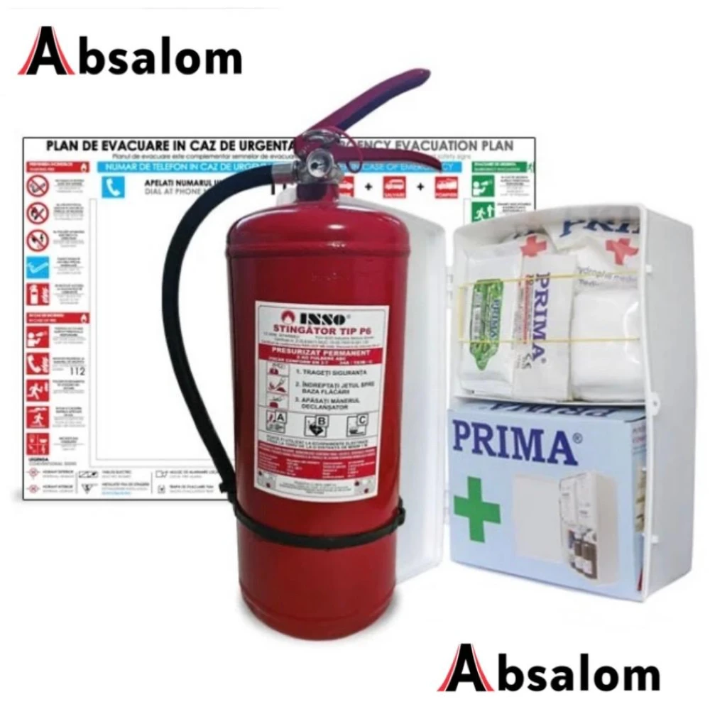 Pachet SSM FIX – trusa prim ajutor + stingator P6 + plan evacuare
